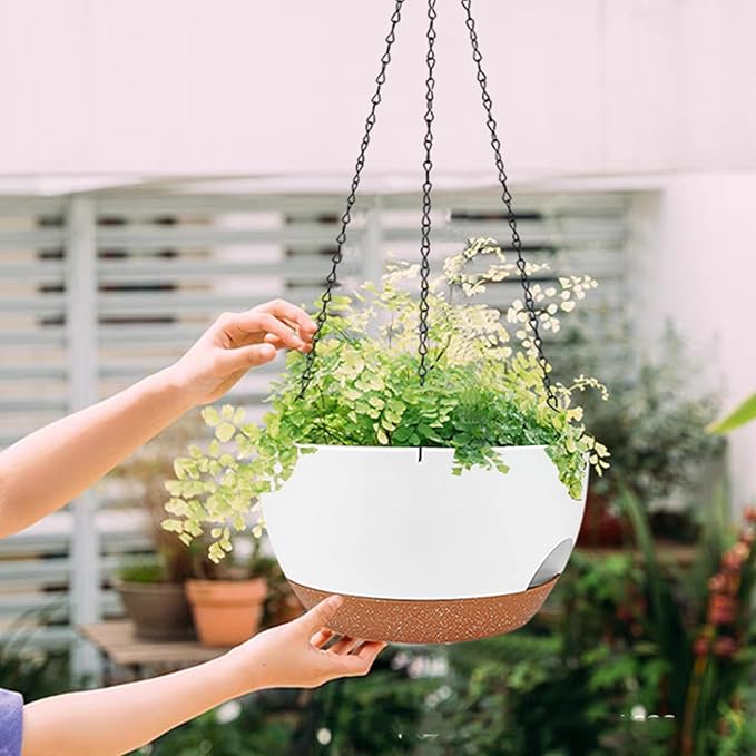 12 Inch Self Watering Hanging Planter for Indoor Outdoor Plants, 2 Pack Hanging Flower Pots with Drainage Holes and Saucers, Plastic Hanging Baskets for Kitchen, Balcony, Garden Decoration