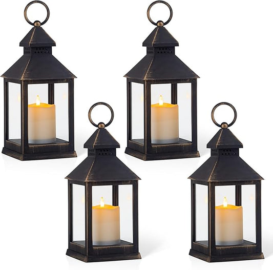 Yongmao Vintage Golden Brushed Black Lantern Decorative LED Flickering Flameless Candle with Timer, Battery Powered LED Decorative Hanging Lanterns for Indoor Outdoor Garden Yard Home Decor(4 Pack)