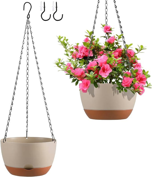 Set of 2 10 Inch Self Watering Hanging Planters for Indoor Outdoor Plants, Color Blocking Hanging Baskets Flower Pots with Drainage Hole & Removable Water-Storage Tray