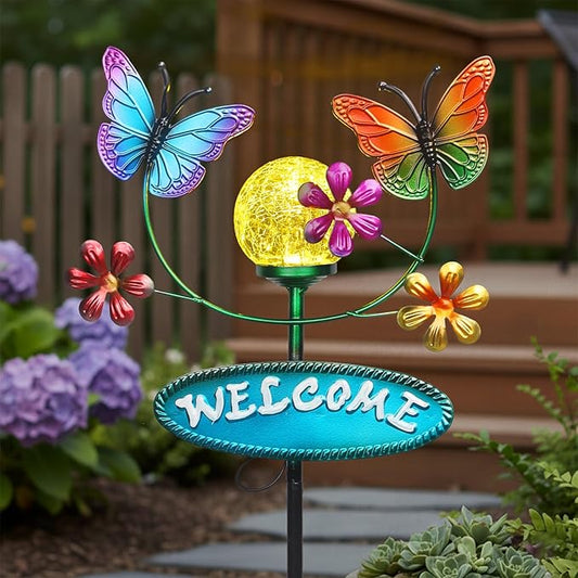 Solar Garden Stakes Metal Welcome Signs for Outside 28.1' - 2 Flying Butterflies with Cracked Glass Ball,Decorative Garden Stakes for Lawn, Patio, Butterfly Gifts for Women