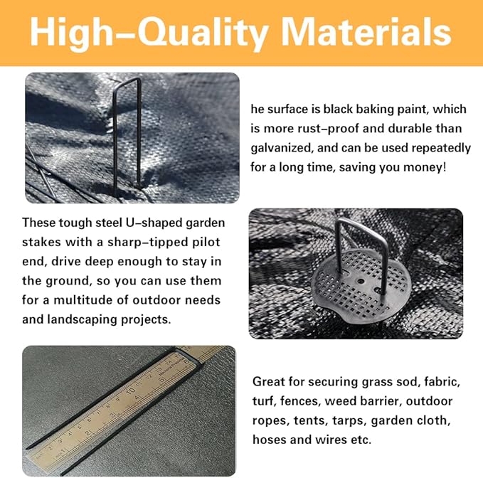 Bakulyor 100pcs Black Landscape Staples + 100pcs Buffer Washer, 6 Inch 11 Gauge Garden Stakes Staples, U Shaped Galvanized Lawn Pins Heavy Duty Yard Ground Pin for Weed Barrier Sod Fabric Decorations