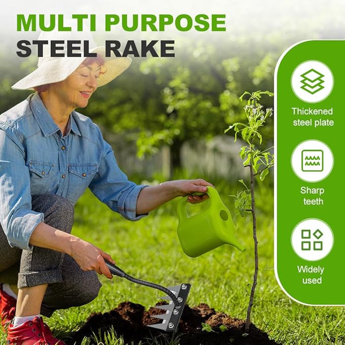 2025 New Iron Weeding Rake 2.0, 5/6/7/8 Teeth Carbon Steel Garden Weeding Rakes, Iron Rake for Gardening and Weeding, Heavy-Duty Garden Weed Puller Tool for Lawn Yard Garden Farm (6Teeth)