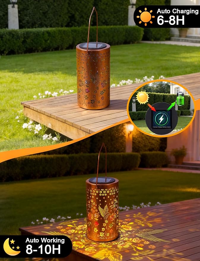 Sunflower Solar Lanterns Outdoor Waterproof, Metal Lantern Garden Lights with Color Projection, Garden Decor Gifts for Mom Women Mother Grandma, Hanging Solar Lights for Yard Porch Patio (Hummingbird)