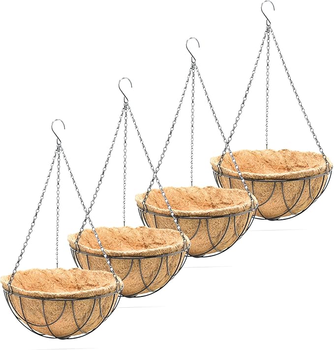 14 inch Metal Hanging Baskets For Plants Outdoor 4 Pack Round Metal Wire Hanging Basket Planter with Coco Fiber Liners Plant Holder for Garden, Patio, Deck, Porch Plants Flower Potss Outdoor(Grid)
