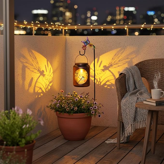 Solar Lanterns Outdoor Waterproof Metal Dragonfly Patterns with Resin Dragonfly Inside Garden Decor Gifts for Women Mom Grandma Hanging Solar Lights Decoration Outside for Yard, Patio, Backyard, Porch