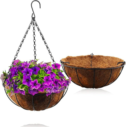 Lainrrew 2 Pack 12" Metal Hanging Planter Basket with Coco Liner, Round Wire Plant Holder Flower Pots Hanger Watering Hanging Flower Baskets Porch Decor for Indoor Outdoor Garden