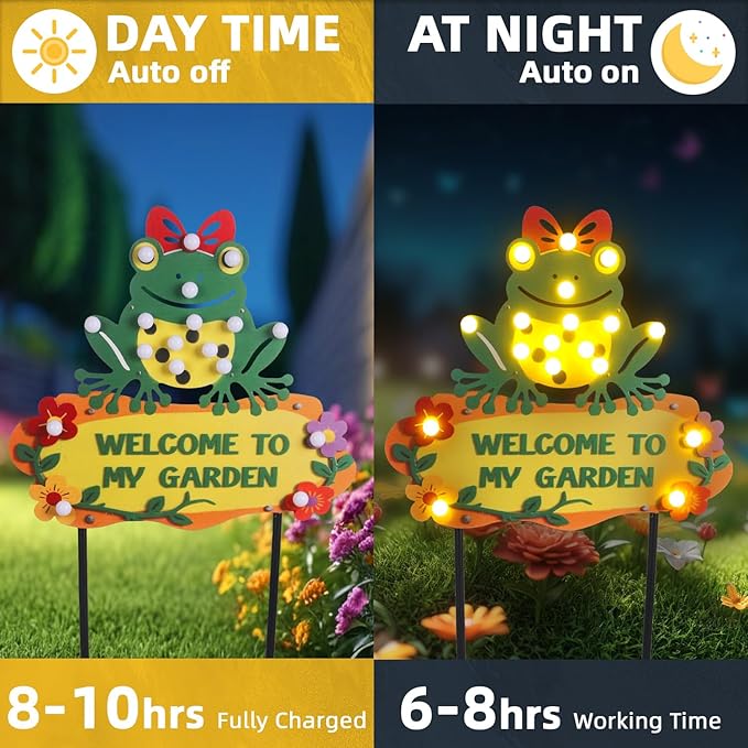 Frog Solar Lights Outdoor Garden 43.7" with 18 Bulbs Solar Powered String Lights, Large Welcome to My Garden Green Yard Stakes for Pathway, Lawn, Patio, Outdoor Decor