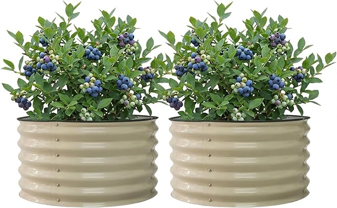 17" Tall Herb Raised Garden Bed for Basil Lavender Sages, 30" Wide Round Fruit Tomato Planter Box for Gardening Blueberries Figs, Flower Metal Pot Container for Rose, Twin Pack, Pearl White