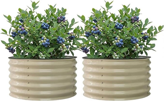 17" Tall Herb Raised Garden Bed for Basil Lavender Sages, 30" Wide Round Fruit Tomato Planter Box for Gardening Blueberries Figs, Flower Metal Pot Container for Rose, Twin Pack, Pearl White