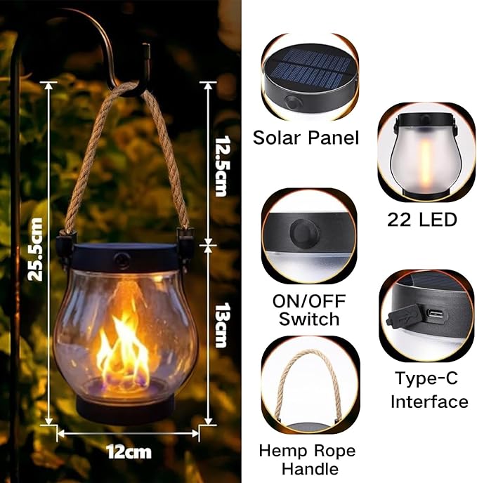 Solar Lantern Outdoor Lights, Flickering LED with Hemp Rope Handle, Dual Charging (Solar & USB), Water-Resistant Hanging Decor for Garden, Yard, Patio, Porch, Pathway, Camping (5)
