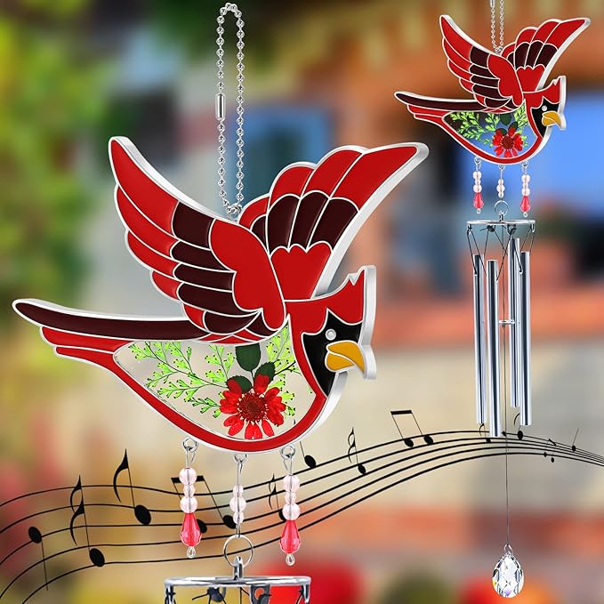 KY&BOSAM Cardinal Wind Chime for Outside Stained Glass Sympathy Wind Chimes Memorial Wind Chime for Loss of Loved One Mother Father Condolence Remembrance,Sympathy Gift Home Outdoor Garden Patio Decor