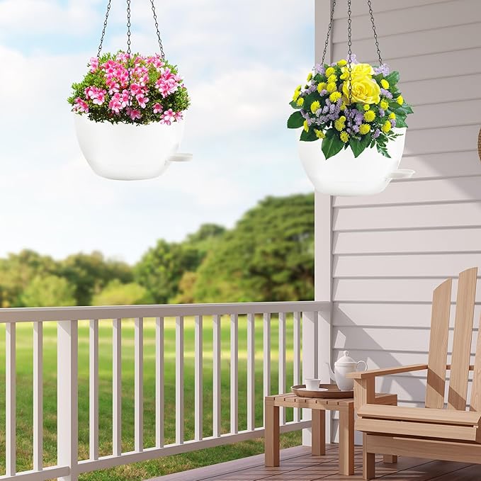 10 inch Hanging Planters for Indoor Plants, 3 Pack Self-Watering Hanging Planter Pots with Chain and Drainage Holes, Outdoor Plastic Hanging Baskets for Garden Home Decor (White, 3pcs/10inch)