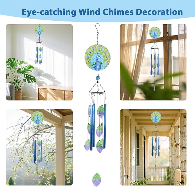 MUMTOP Wind Chimes for Outside-Glass Peacock Wind Chime - Deep Tone Windchimes Outdoors Unique for Patio,Garden,Yard,Home,Tree Decor