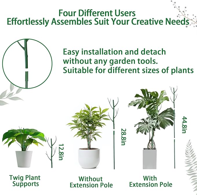 6 Pack Plant Support Plant Stakes for Indoor and Outdoor Plants, 44.8” Plant Sticks with Plant Clips Twist Tiers and Plant Tiers for House Potted Plants, Monstera Plant Support for Climbing Plants