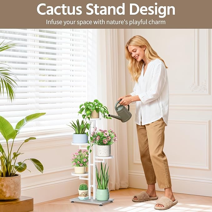 LASZOLA White 4 Tiered Plant Stand Indoors Heavy Duty Metal Rack, Sturdy Multi Level Shleving Hold Flowers, Larger House Decorate Ladder for Planting Inside Tree Herb Cactus, Wooden Base, Space Saving