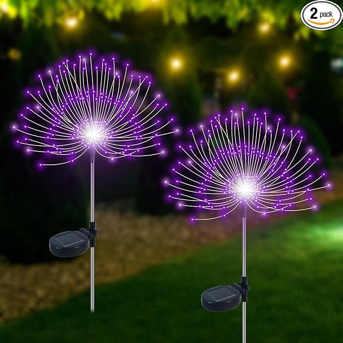 Solar Garden Lights Outdoor Waterproof, 2 Pack 120 LED Solar Firework Lights Decorative Garden Décor Outside for Flowerbed Pathway Party Christmas Decoration, Purple