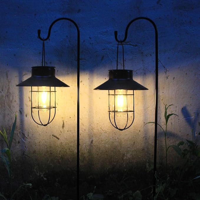 2 Pack Solar Lanterns ,Outdoor Waterproof Solar Lamp with Shepherd Hook, Metal Edison Bulb Lights Gifts for Gifts for Women/Mom Garden Outdoor Pathway Decor (Black)