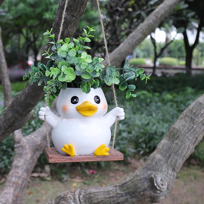 Cute Swing Duck Hanging Planters for Indoor Plants Small Succulent Pots with Drainage Hole Unique Resin Outdoor Plant for String of Pearls Gift Ideas for Mother Day Christmas