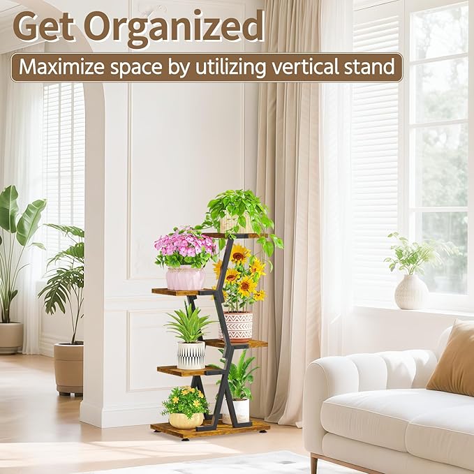 LASZOLA 4 Tier Tall Wood and Metal Plant Stand Indoor for Heavy Duty Planter, Large Multi Level Vertical Flower Shelf for Narrow Corner, Sturdy Rustic Rack Holder for House Patio, Space Saving, Black