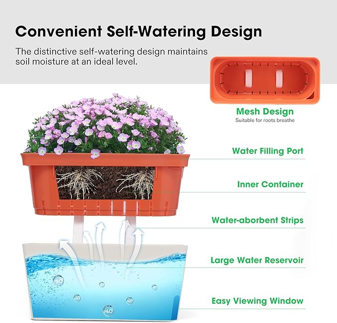 VIVOSUN Self-Watering Planters, 4-Pack 10.5 Inch Compact Rectangular Window Herb Planter Box with 10 PCS Plant Labels, Plant Container for Basil, Flowers, Succulents, Indoor & Outdoor