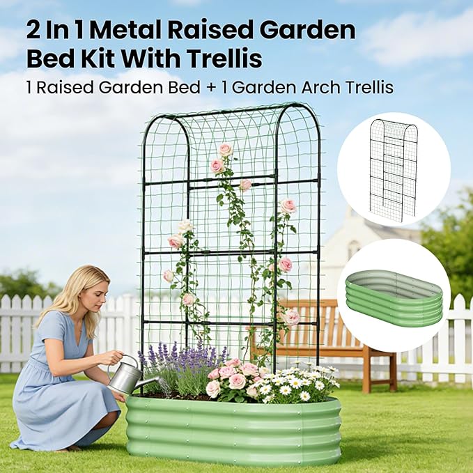 DoCred 2 in 1 Galvanized Raised Garden Bed, 1Pcs Garden Planter Box with 71" H Trellis for Climbing Plants, Outdoor Gardening Raised Beds with Climbing Net for Fruits, Vegetables, Flower (Green)