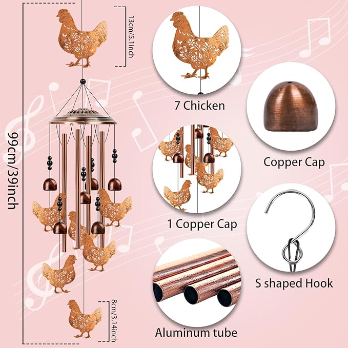 Chicken Gifts Wind Chimes for Outside - Luvsweets Chicken Rooster Gifts for Women Men, Metal Memorial Wind Chimes for Outdoor Garden Decor, Birthday Christmas Mother's Day Present for Mom Grandma