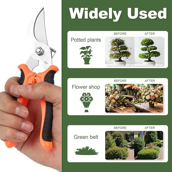 Hungsual Pruning Shear, Premium Gardening Scissors for Rose Bushes, 7.5IN Garden Pruner Effortlessly Cuts 0.6IN Branches with Stainless Steel Blades Softgrip, One-Hand Lock Garden Clippers for Shrubs
