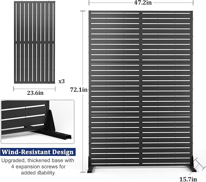 Metal Privacy Screen with Stand 72" H×47" W Outdoor Freestanding Privacy Screen & Panels, Outdoor Privacy Screen for Deck Patio Balcony(Black-Louvered)