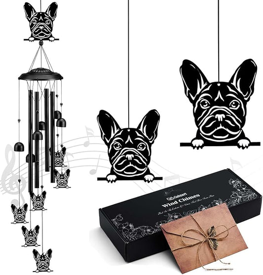 Bulldog Wind Chimes for Outside/Indoors, Bulldog Gifts for Women Mom Grandma, Aluminum Tubes Windchimes S Hook, 37" Wind Chime Hanging Decor for Home Patio Garden Porch Yard (Black-Bulldog)