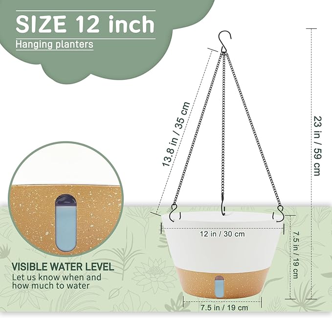 ZMTECH 12 Inch Hanging Planters for Indoor, 2 Pack Large Hanging Plant Pot with Visible Water Level and Chain, Self Watering Hanging Flower Pot for Outdoor Garden Porch(White)