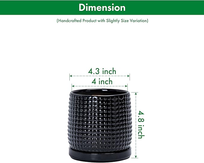 D'vine Dev 4 Inch Ceramic Beaded Stoneware Planter Pot - Flower Pot with Drainage Holes and Saucers for Indoor Succulent Plants or Flowers, Glossy Black, 27-C-Z-2