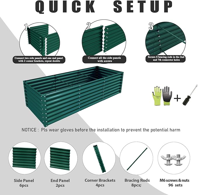 2 Packs Rectangular 8x3x2FT Galvanized Raised Garden Bed Kit Metal Ground Planter Box Outdoor Bottomless Planter Raised Beds for Vegetables Flowers Herbs Fruits, Green