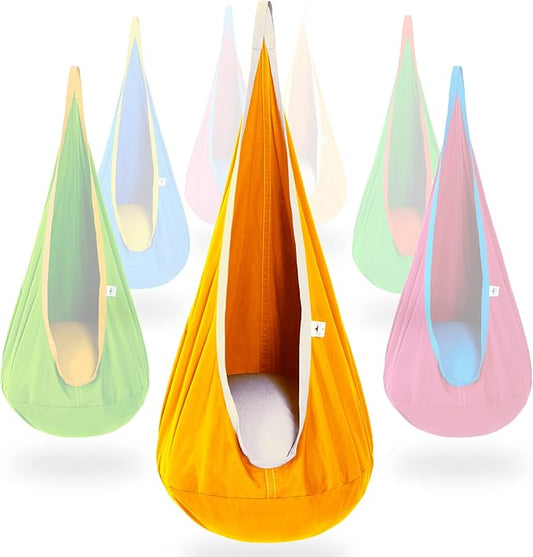OUTREE Kids Pod Swing Seat, Cotton Child Hammock Swing Chair, Sensory Swing for Indoor and Outdoor Use, Yellow and White