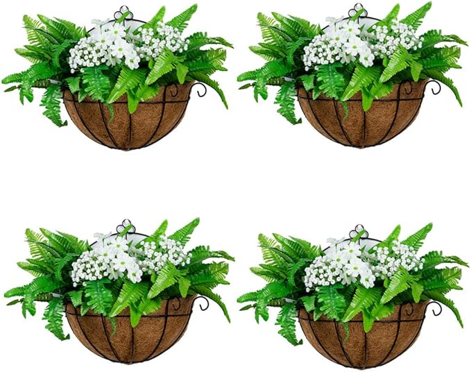 4 Pcs Wall Mount Planter wall hanging planters 12 inch Hanging Pots for Plants Outdoor Hanging Flower Pots, Hanging Basket Planter with Basket Liners for Plants for Porch Patio Back Yard Wedding