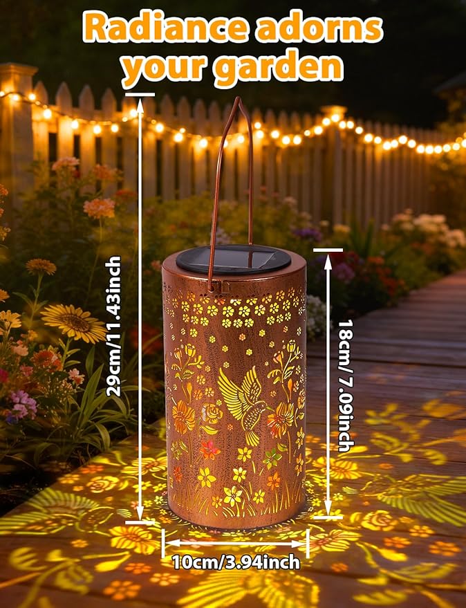 Sunflower Solar Lanterns Outdoor Waterproof, Metal Lantern Garden Lights with Color Projection, Garden Decor Gifts for Mom Women Mother Grandma, Hanging Solar Lights for Yard Porch Patio (Hummingbird)