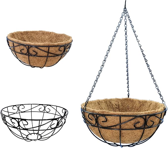 Outdoor Metal Hanging Planters Basket (2pack, 12 inch) Hanging Baskets for Plants Chain Round Wire Plant Holder with Coco Fiber Liners for Garden, Patio, Deck, Porch(Flower Border)
