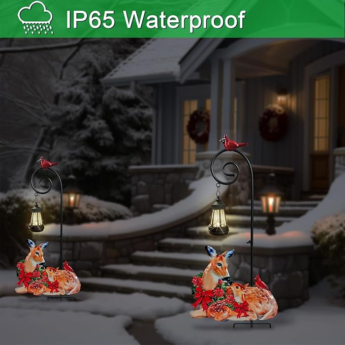 Deer Metal Garden Stake with Solar Light, Christmas Decorations Outdoor Waterproof Sloar Lights Outside, Doe and Fawn Outdoor Statue for Garden Lawn Patio