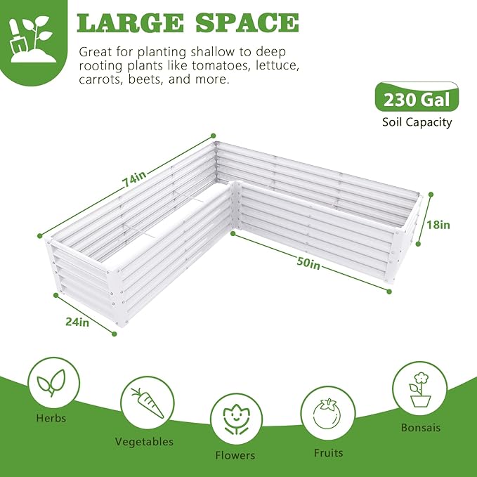 A ANLEOLIFE 2 Set L-Shaped Galvanized Raised Garden Beds Outdoor,74x74x18in Large Metal Planter Box for Planting Vegetables Flowers Herb, Anti-Rust & Easy-Setup, Antique White