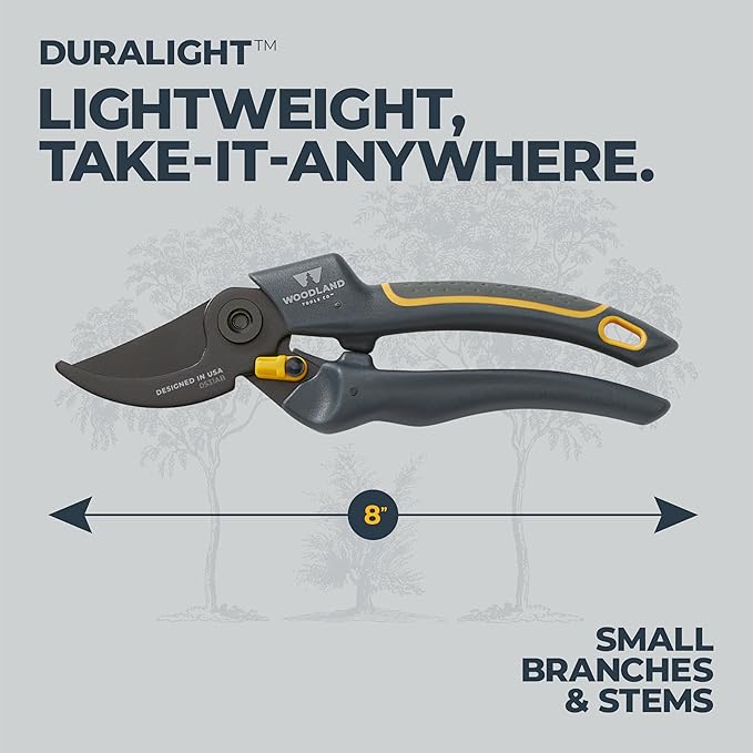 Woodland Tools Co. Duralight Bypass Pruning Shears – 5/8" Cut Capacity, Lightweight Hand Pruner, High Carbon Steel Blade, Adjustable Lock, Internal Spring, Soft Grip Garden Tool for Plants and Shrubs