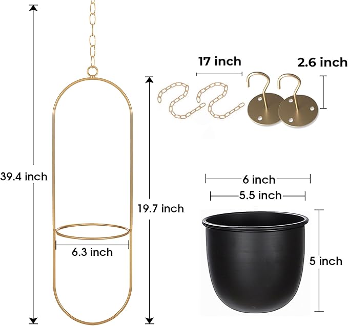 Shineloha 2 Pack Hanging Planters for Indoor Plants with 5.5" Pot + Ceiling Hook | Black Hanging Planter, Metal Plant Hanger, NO Plant incld