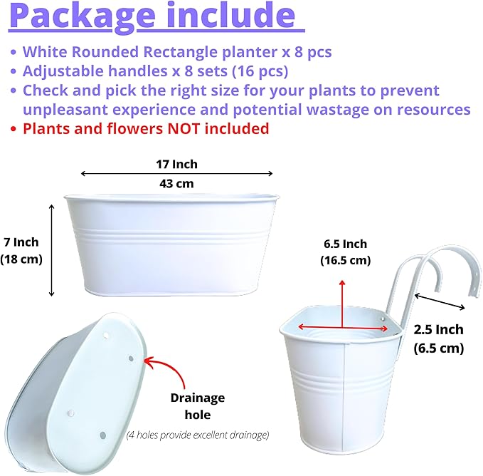 LaLaGreen Planter Boxes for Outdoor (8 Pack, 17 Inch) White Metal Deck Railing Hanging Flower Pots, Large Window Box Plant Holder Hooks Fence Rail Bucket Modern Countryside Boho Style Wall Mount Porch