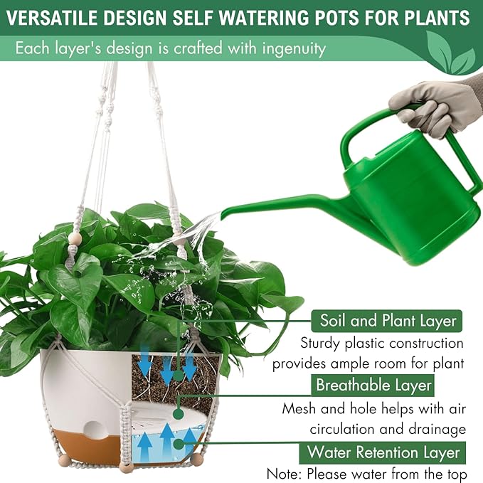 10 Inch Hanging Planters for Indoor Plants,Set of 2 Hanging Pots for Plants with Self-Watering, Outdoor Hanging Plant Pot with Drainage and 2 Kinds of Baskets Hangers for Home Decor and Garden