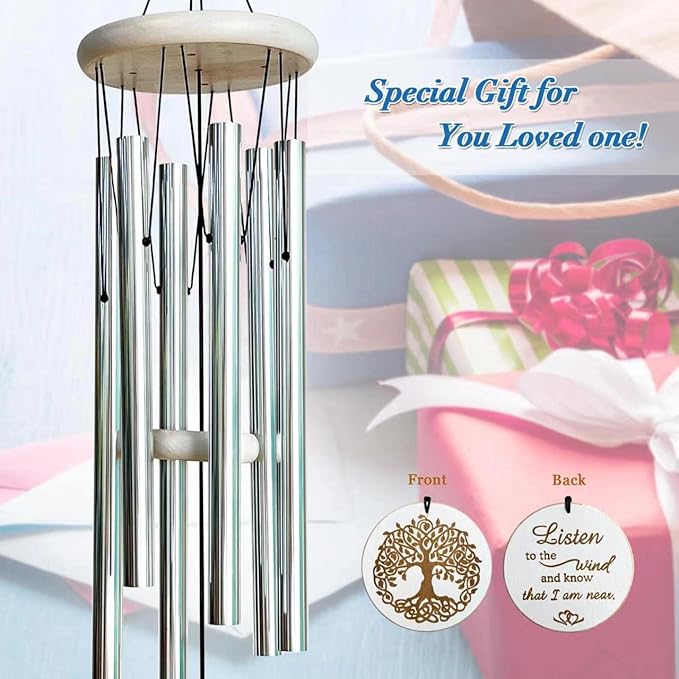Wind Chimes Outdoors,33" WindChimes for Loss of Loved One,Memorial/Sympathy Gifts for Mother/Unisex/Father,Tree of Life Wind Chimes for Outside Zen Garden Home Yard Decoration (Silver)