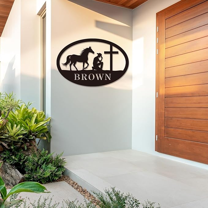 Personalized Metal Sign Custom Praying Cowboy or Cowgirl With Horse Kneeling at Cross Name Western Wall Art Faith Decor Gift