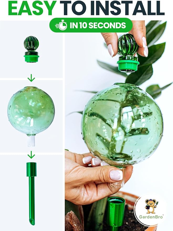 16 Oz Plant Watering Globes for Indoor Plants with Metal Self Watering Planter Insert - Premium XL Glass Hand-Blown Globe - Automatic Plant Waterer Indoor, Gift Idea for Gardeners [1 Globe, Green]
