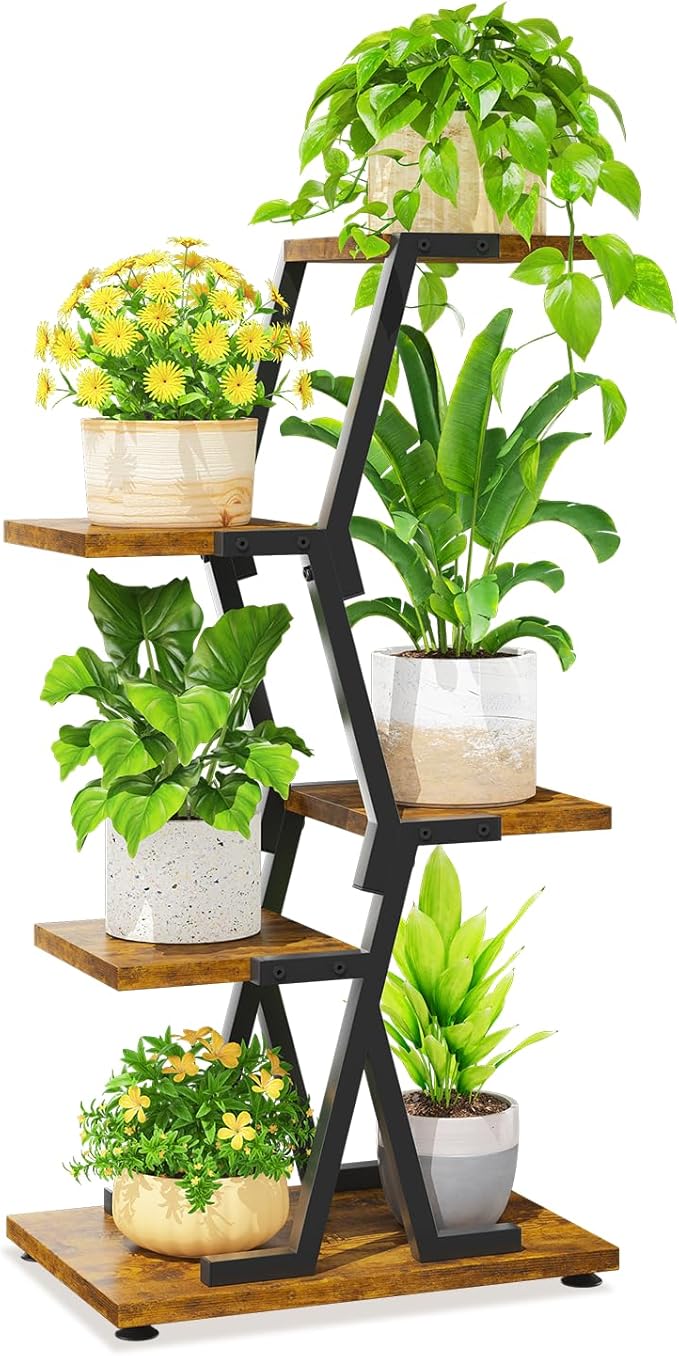 LASZOLA 4 Tier Tall Wood and Metal Plant Stand Indoor for Heavy Duty Planter, Large Multi Level Vertical Flower Shelf for Narrow Corner, Sturdy Rustic Rack Holder for House Patio, Space Saving, Black