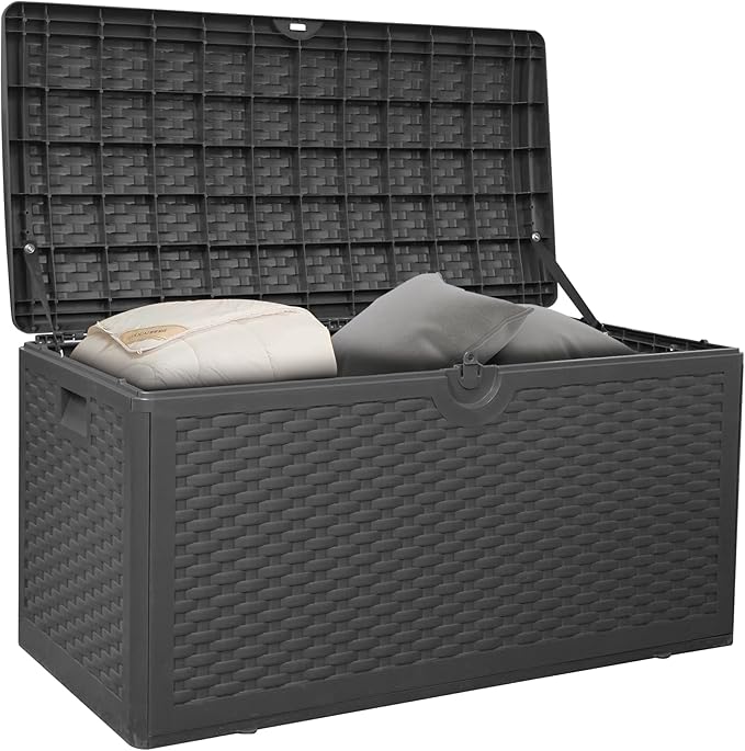 80GAL Deck Box Black，Waterproof Resin Storage Bin， Package Delivery，Garden，Patio Cushions，UV Resistant