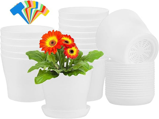 Aodaer 16 Pack 4 Inch Plastic Planters with Multiple Drainage Holes and Tray Indoor Outdoor Flower Plant Nursery Pots with Labels Flower Seedling Pots for Herb Garden Home Succulents, White
