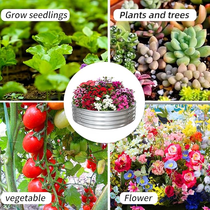 4 ft Galvanized Steel Round Raised Garden Bed, Large Outdoor Metal Planter Box Big Flower Plant pots for Patio Backyard Porch Deck Planting Flowers Vegetables and Herbs (Silver, 4 ft)