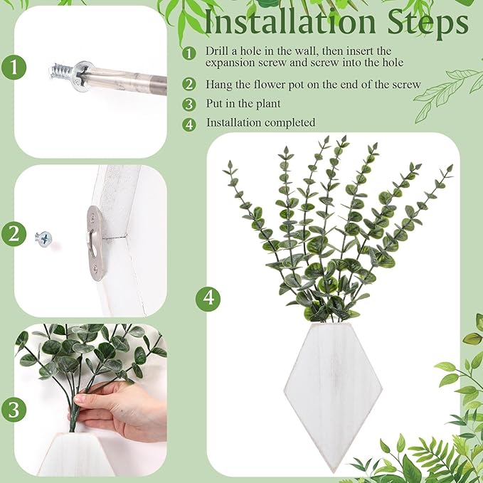 Chunful 2 Pcs Wooden Wall Planter Decor Hanging Fake Plants Greenery Flowers Holder Vase Boxes for Wall Bohemian Farmhouse Room Kitchen Office Indoor Decoration(Retro White,7.1 x 4.7 x 1.2 Inches)